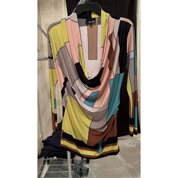 ANALILI Abstract White Pink Gray Silky Cowl Neck long Sleeve Geometric Design Mi - Picture 8 of 8